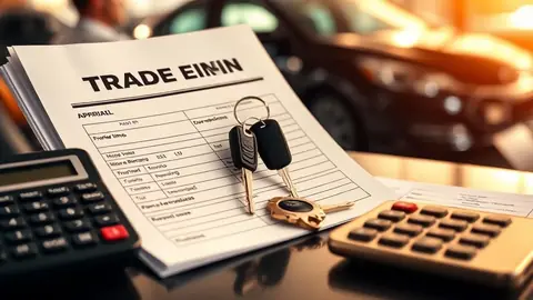 Car keys resting on a trade-in appraisal folder showing a loan balance higher than the vehicle value