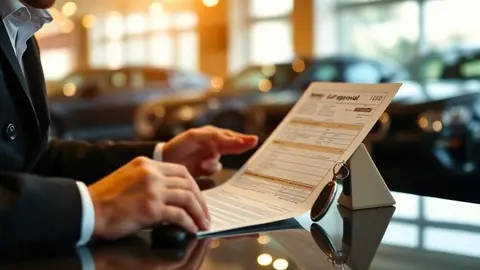 Car buyer reviewing auto loan paperwork and interest rate terms at a desk while rebuilding credit