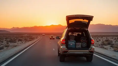 SUV loaded for a road trip driving an open desert highway under a wide sky