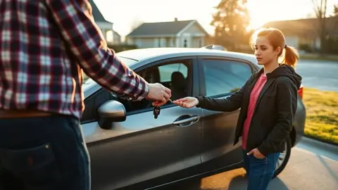 Parent handing car keys to a teenage driver beside a safe, reliable used vehicle
