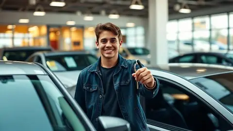 First-time car buyer smiling while holding the keys to a newly purchased used vehicle