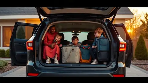 Parents loading luggage and a child seat into the cargo area of a three-row family SUV