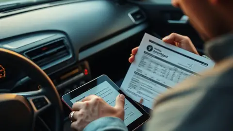 Buyer comparing a printed vehicle history report with the VIN and records on a tablet inside a car