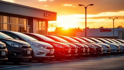 Row of affordable used sedans and compact SUVs parked on a dealership lot at golden hour