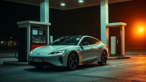 Hybrid vehicle parked at a fuel pump, illustrating the comparison between hybrid and gas cars