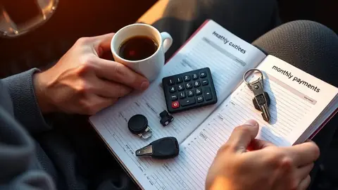 Buyer using a calculator and notepad to budget a monthly car payment under four hundred dollars