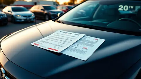 Freshly detailed trade-in vehicle with title documents and service records laid on the hood