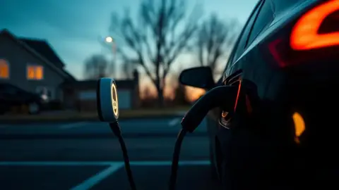 Used electric vehicle plugged into a Level 2 home charger in a driveway at dusk