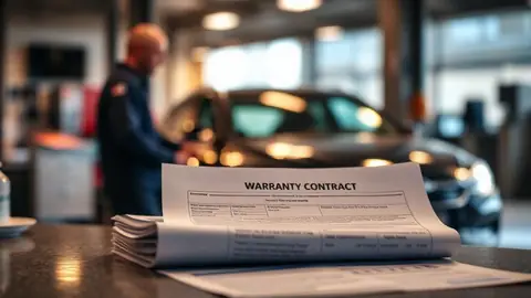 Vehicle service contract paperwork on a service center counter with a car in the repair bay behind