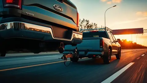 Pickup truck towing a utility trailer on a highway with the hitch and coupler visible