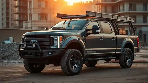 Heavy-duty work pickup truck with a ladder rack and tools parked at a construction job site